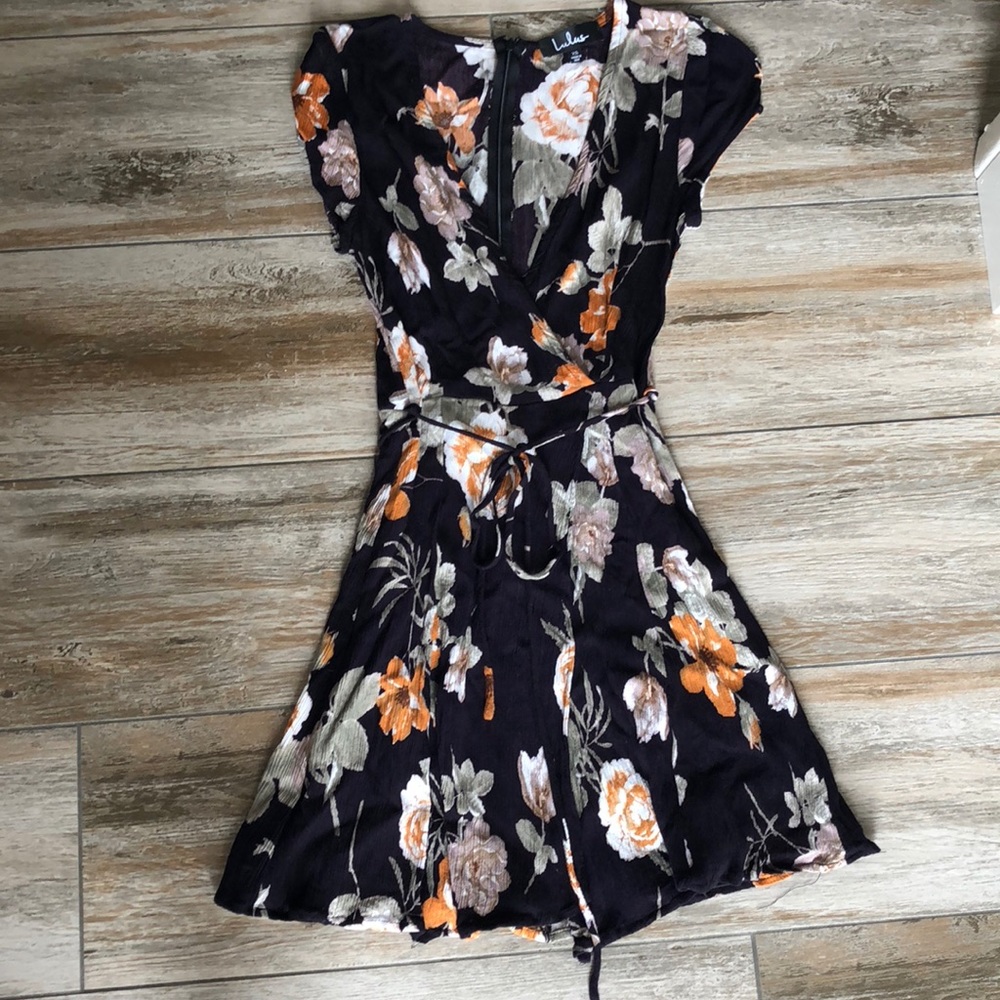 LuLus black floral wrap dress